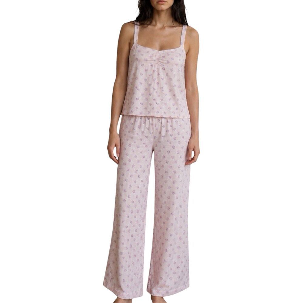 L Honeydew Pink Floral Pointelle Pajama Set Cami Wide Leg Lounge Pants